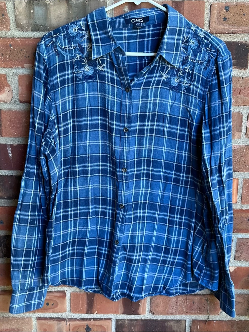 Chaps Womens Blue Plaid Button-Down Shirt with Embroidered Shoulders Size XL